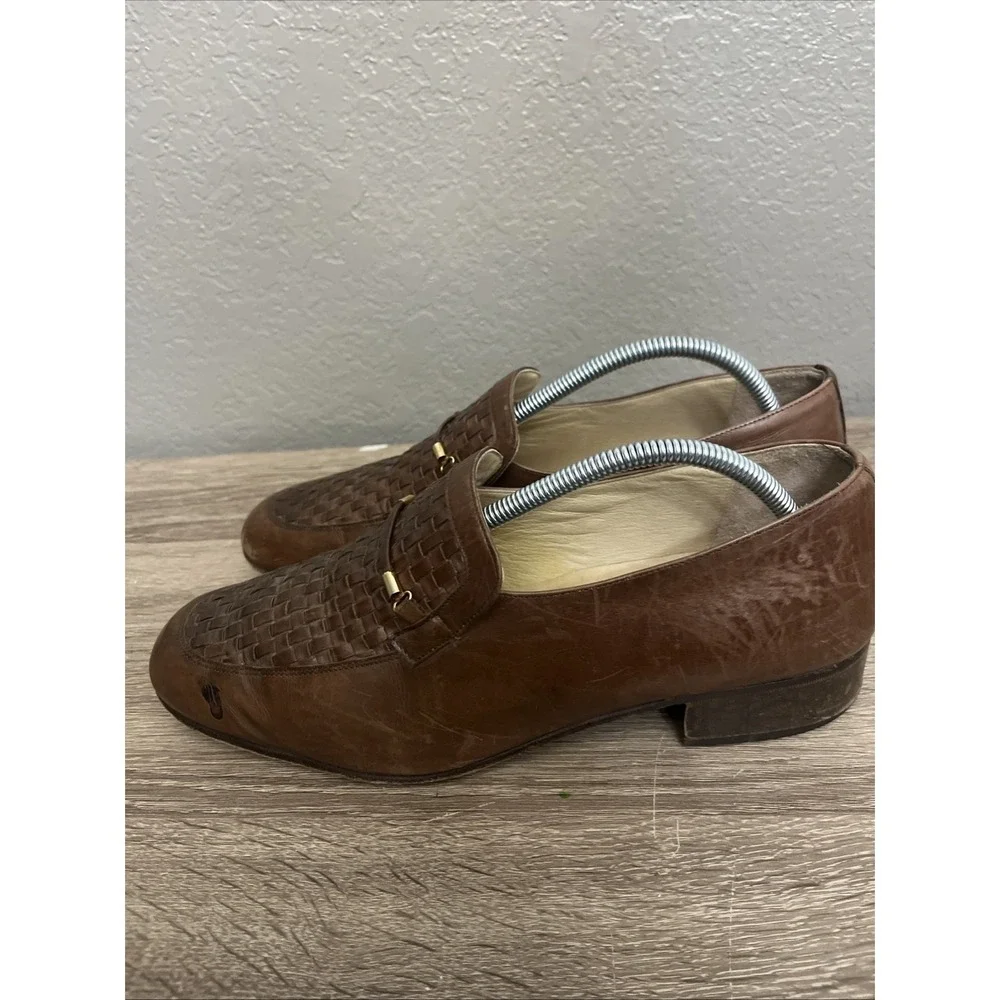 Pucci Loafers Mens 10 Brown Woven Leather Gold Bar Slip On Made in Italy Vintage